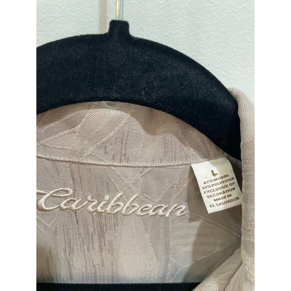 Caribbean Men's L Tan Leaf Print Button-Up Shirt Hawaiian - Picture 3 of 6